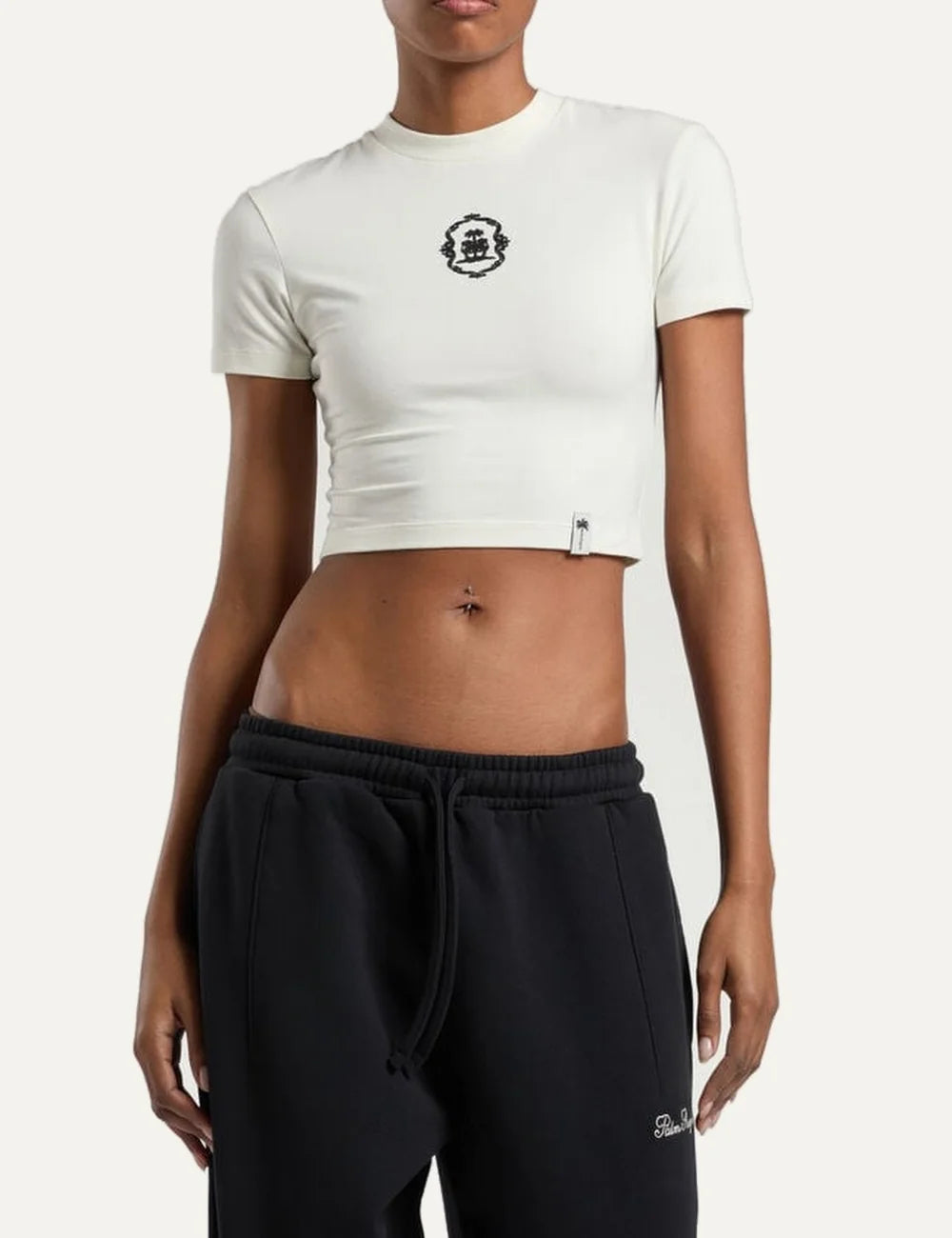 Women's Palm Angels ecru cropped fitted T-shirt in cotton modal blend with heraldic lion graphic and ribbed crew neck model