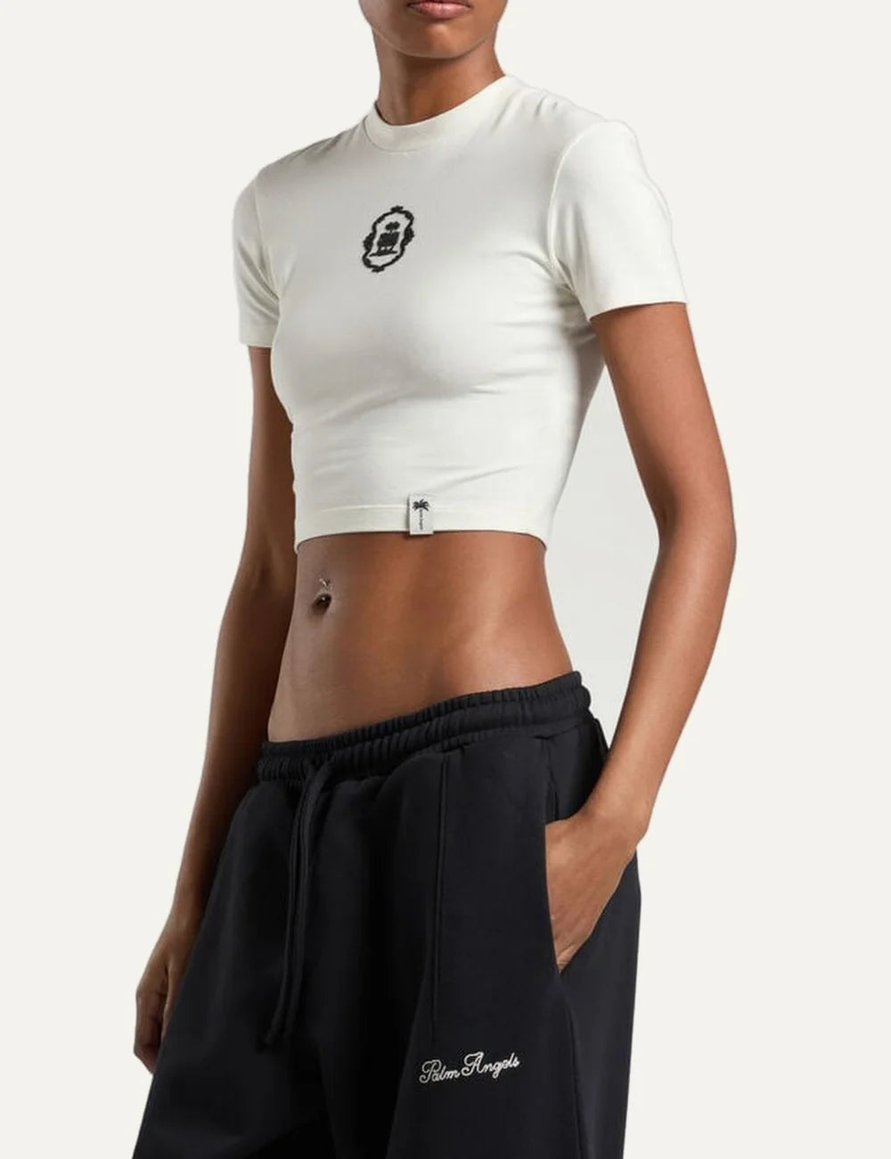 Women's Palm Angels ecru cropped fitted T-shirt in cotton modal blend with heraldic lion graphic and ribbed crew neck model