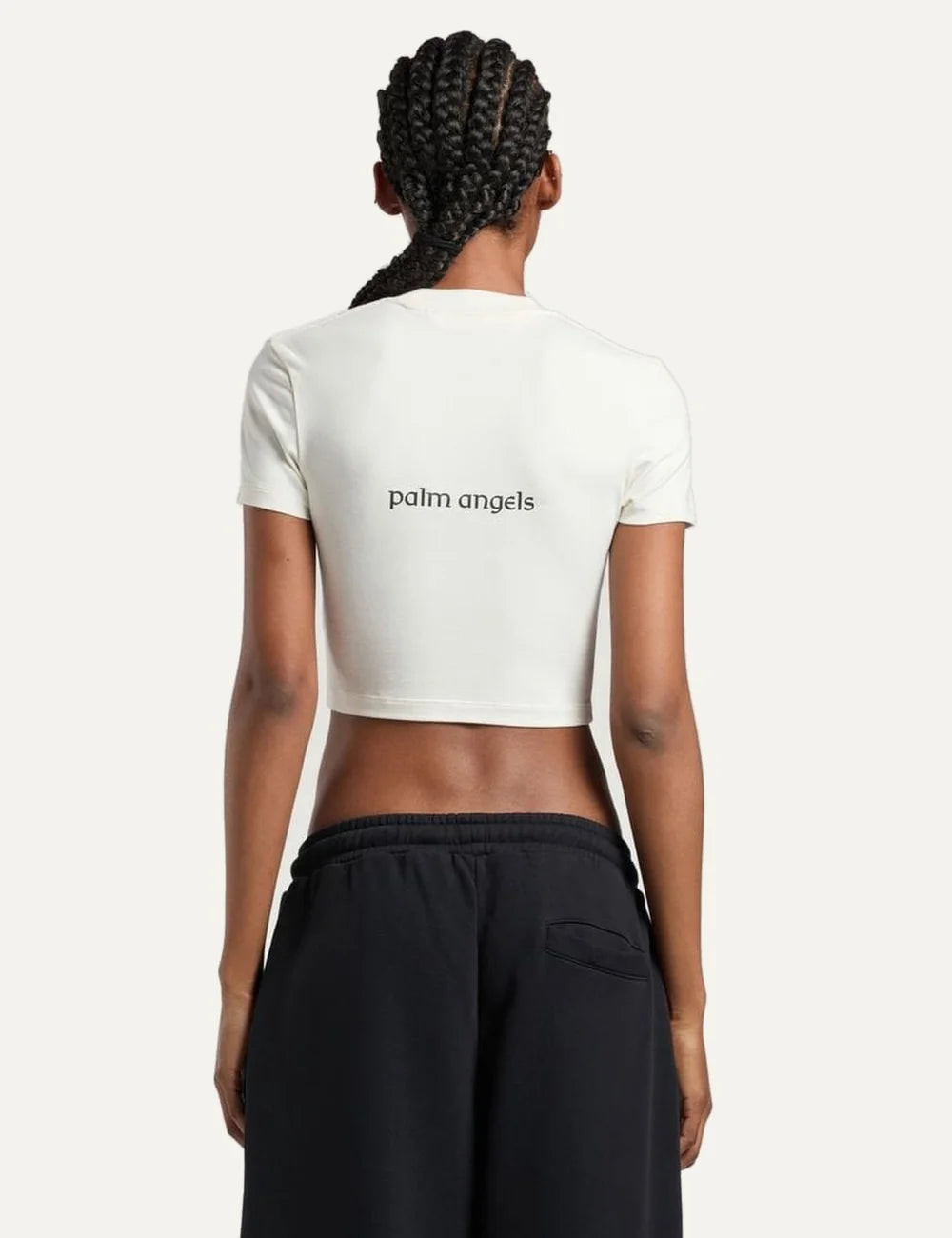 Women's Palm Angels ecru cropped fitted T-shirt in cotton modal blend with heraldic lion graphic and ribbed crew neck back