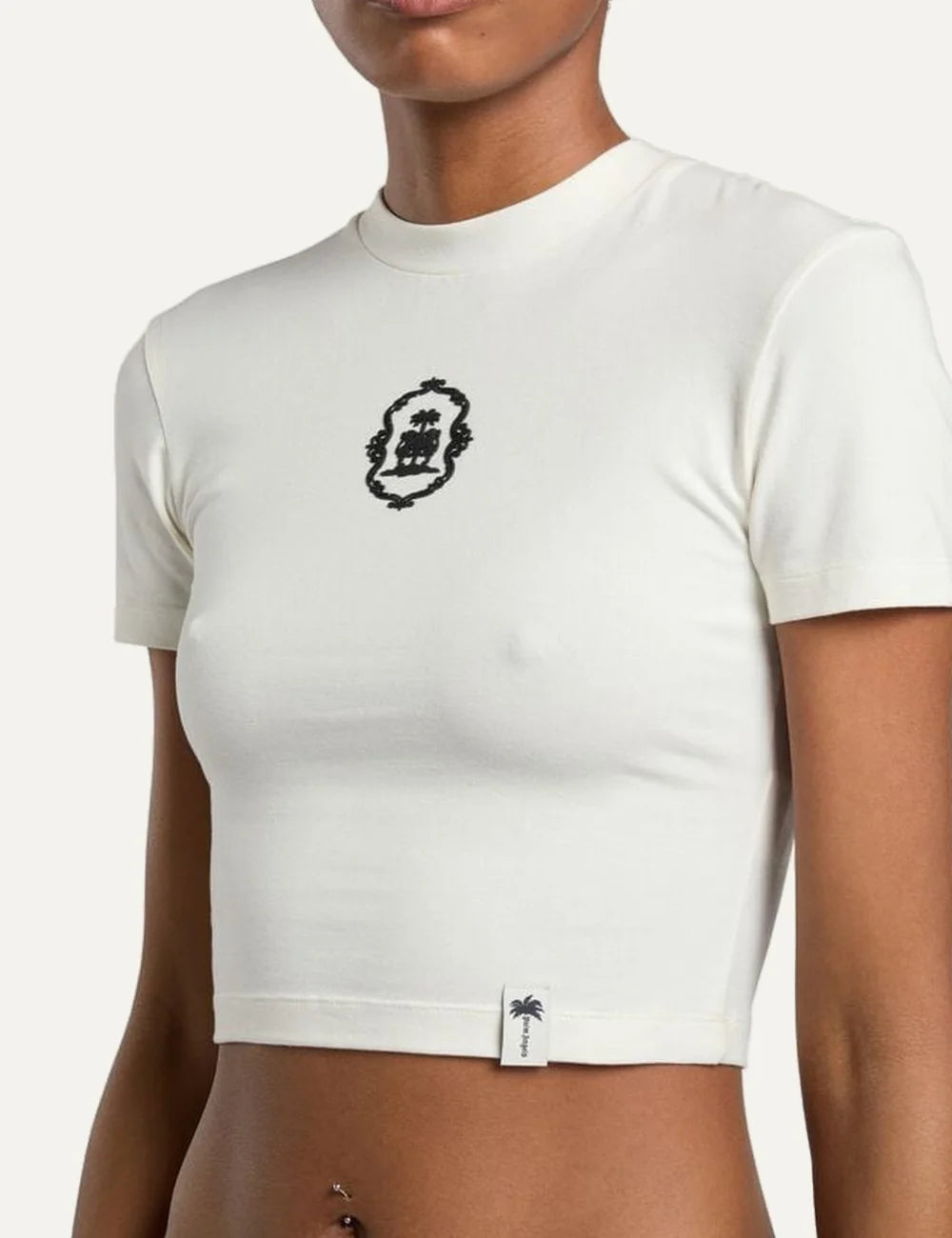 Women's Palm Angels ecru cropped fitted T-shirt in cotton modal blend with heraldic lion graphic and ribbed crew neck detail