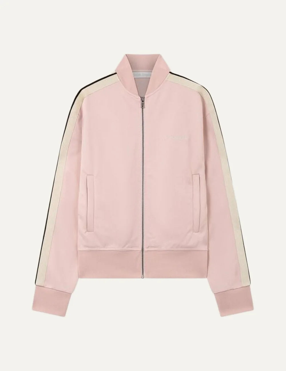 Palm Angels women's light pink cotton track jacket with metallic gold sleeve stripes outlined in black, tonal embroidered chest logo, stand collar and front zipper.