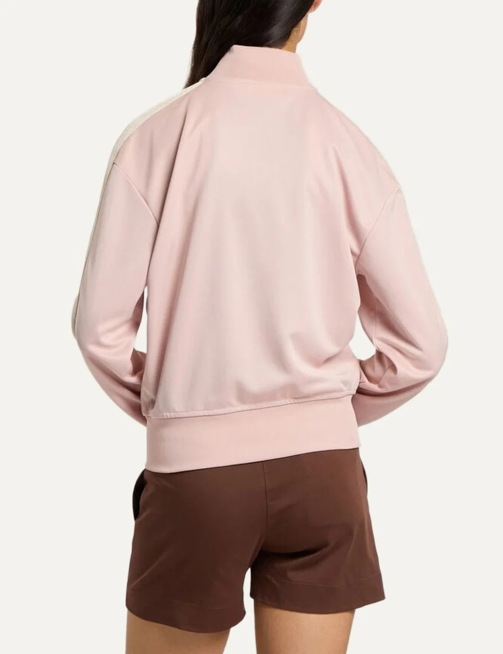 Palm Angels women's light pink cotton track jacket with metallic gold sleeve stripes outlined in black, tonal embroidered chest logo, stand collar and front zipper back