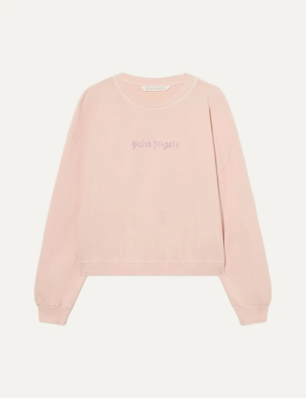 Palm Angels women's light pink cropped oversized cotton sweatshirt with studded logo on the chest, dropped shoulders, crew neck and ribbed cuffs.