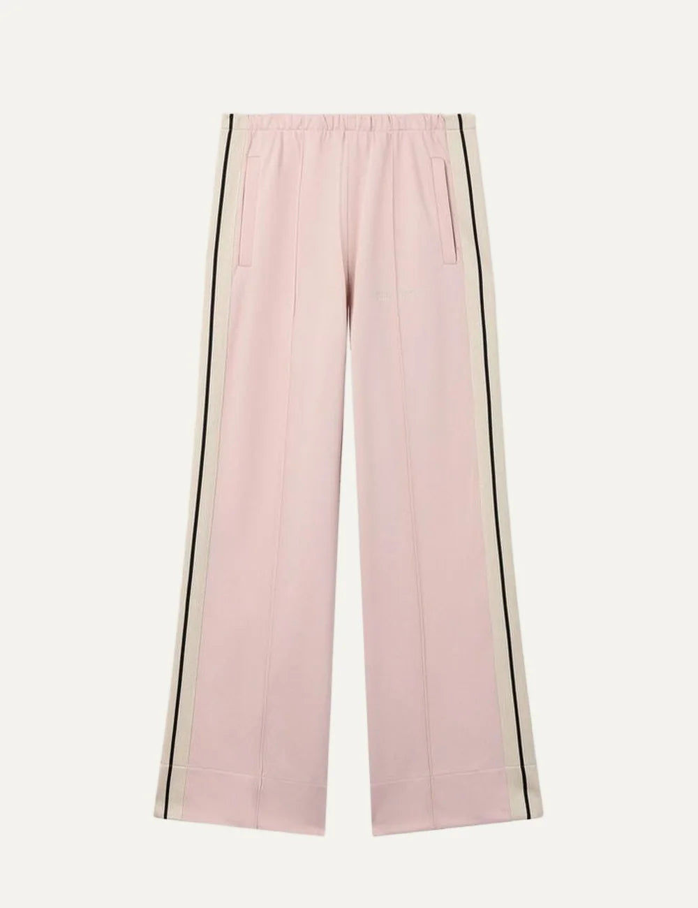 Palm Angels women's light pink wide leg track pants with black and white side stripes, elastic waistband, front pintuck pleats and embroidered logo.