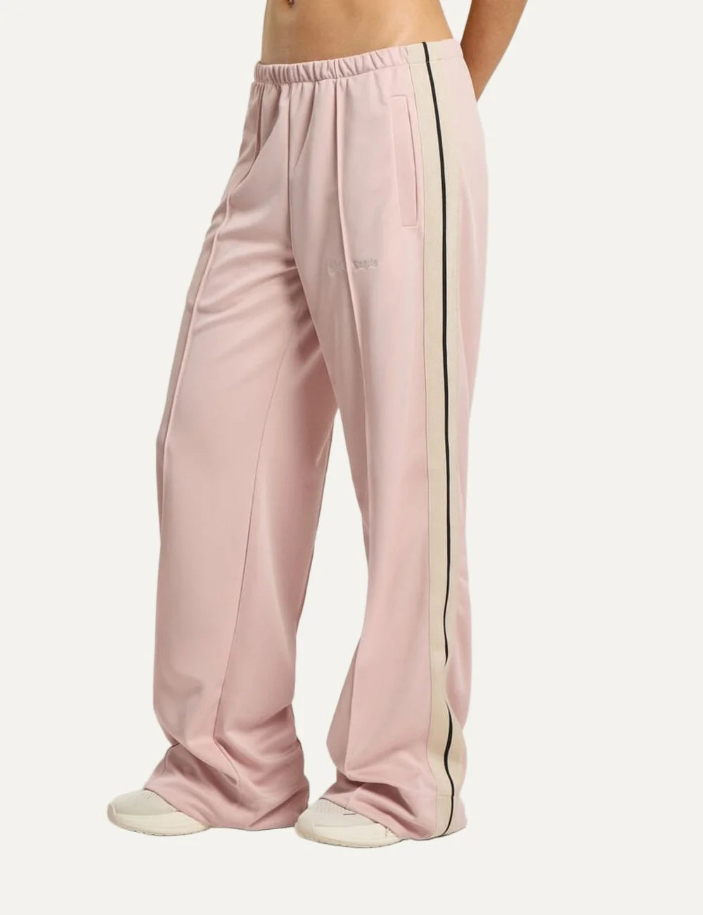 Palm Angels women's light pink wide leg track pants with black and white side stripes, elastic waistband, front pintuck pleats and embroidered logo side