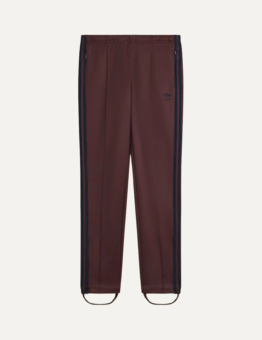 Women's Adidas Originals x Wales Bonner slim fit burgundy track pants with navy side stripes, Trefoil logo, front seams and stirrup hems, product shot