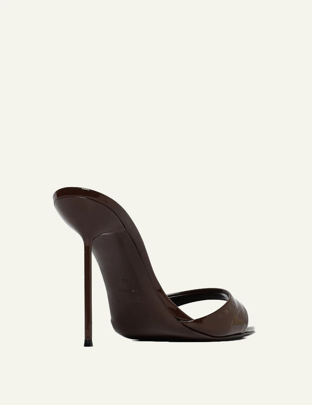 Paris Texas dark brown patent leather mule sandals with stiletto heel back
