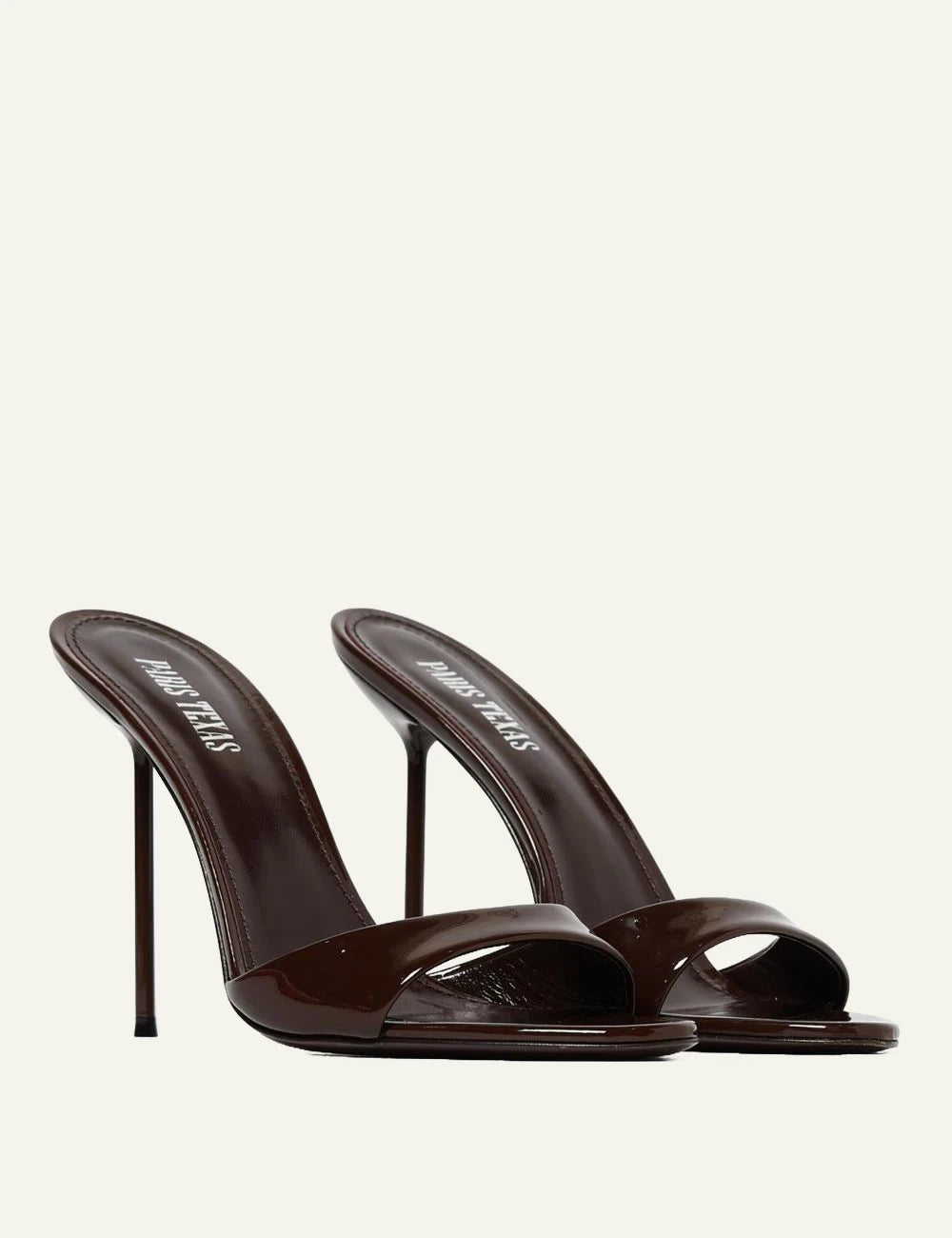 Paris Texas dark brown patent leather mule sandals with stiletto heel front