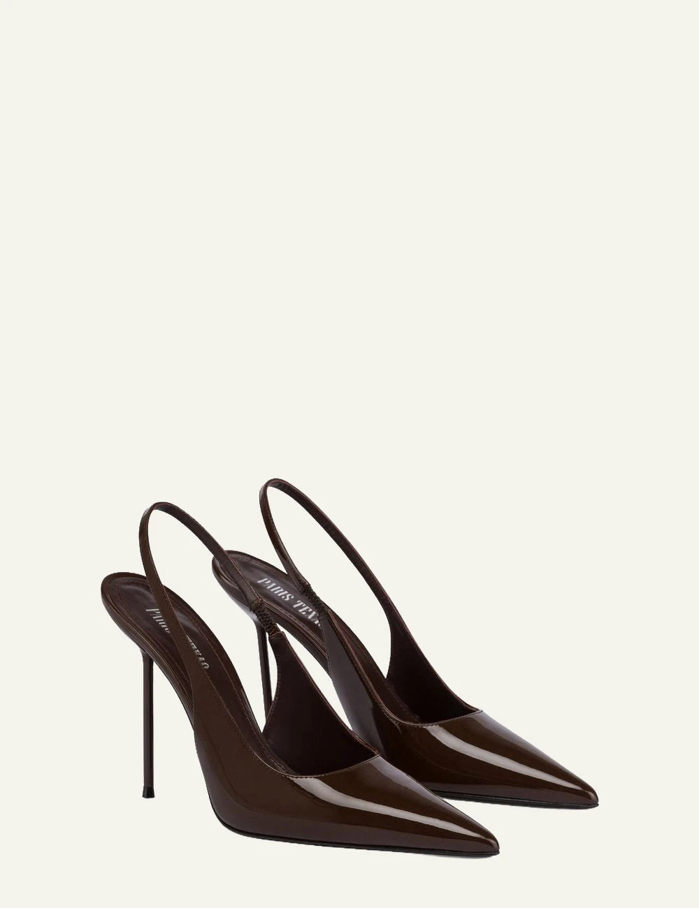 Paris Texas ebony patent leather slingback pumps with stiletto heel angled