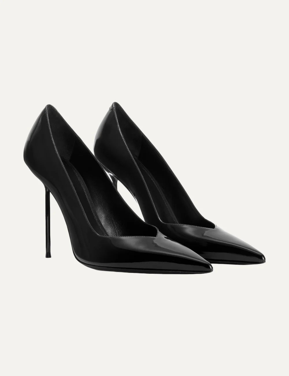 Paris Texas women black patent leather pumps with pointed toe and 105mm stiletto heel pair front angle view