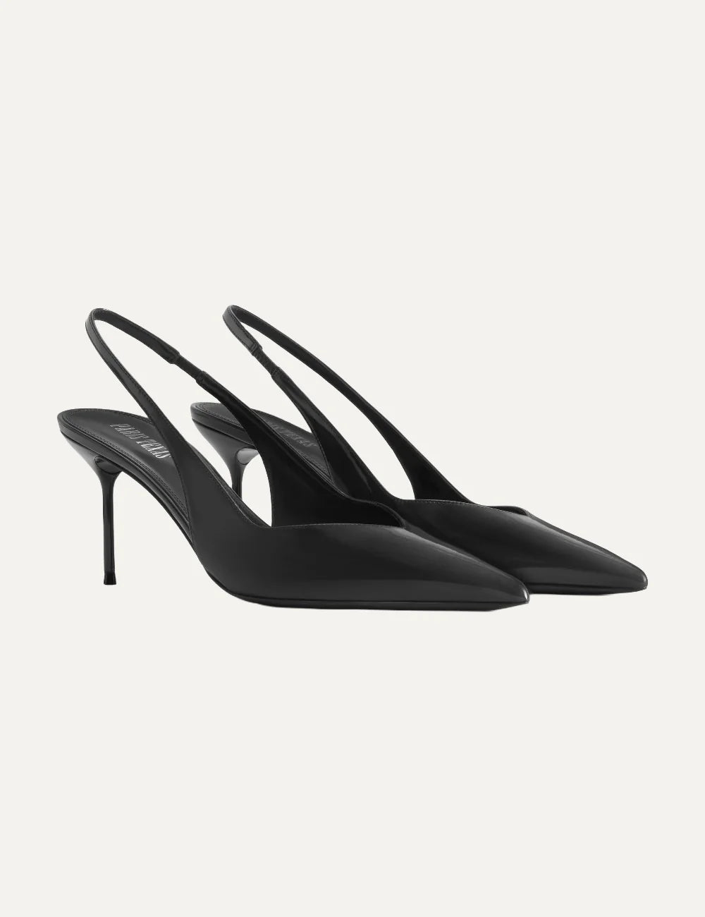 Paris Texas women black patent leather slingback pumps with pointed toe and stiletto heel front angle, pair view