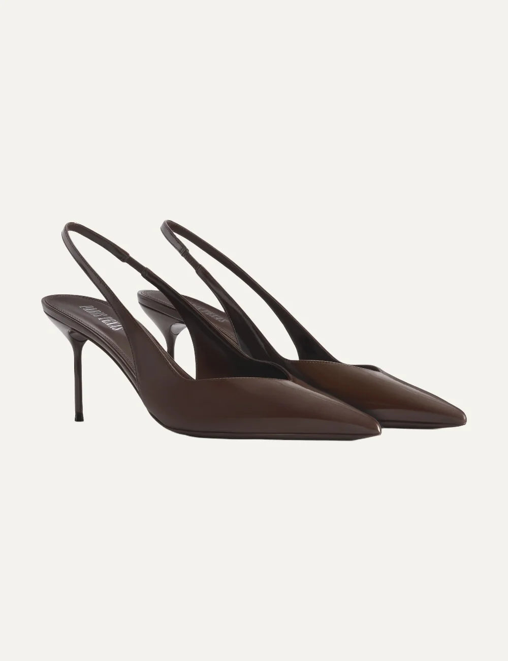 Paris Texas women Ebano dark brown patent leather slingback pumps with pointed toe and stiletto heel pair front angle view