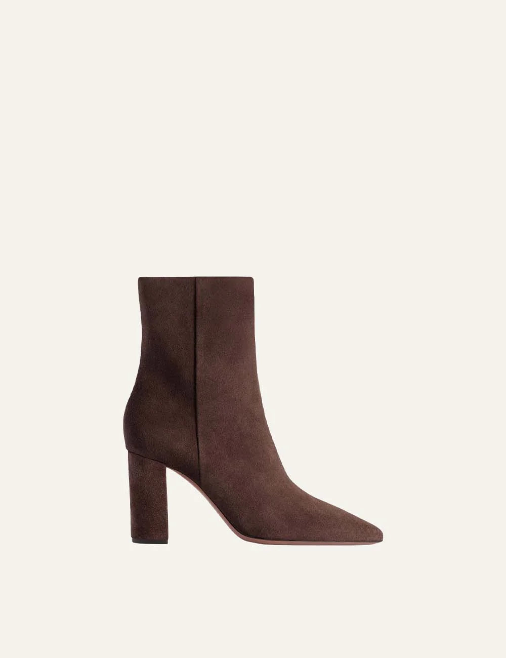 Paris Texas women chocolate brown suede ankle boots with pointed toe and block heel side view