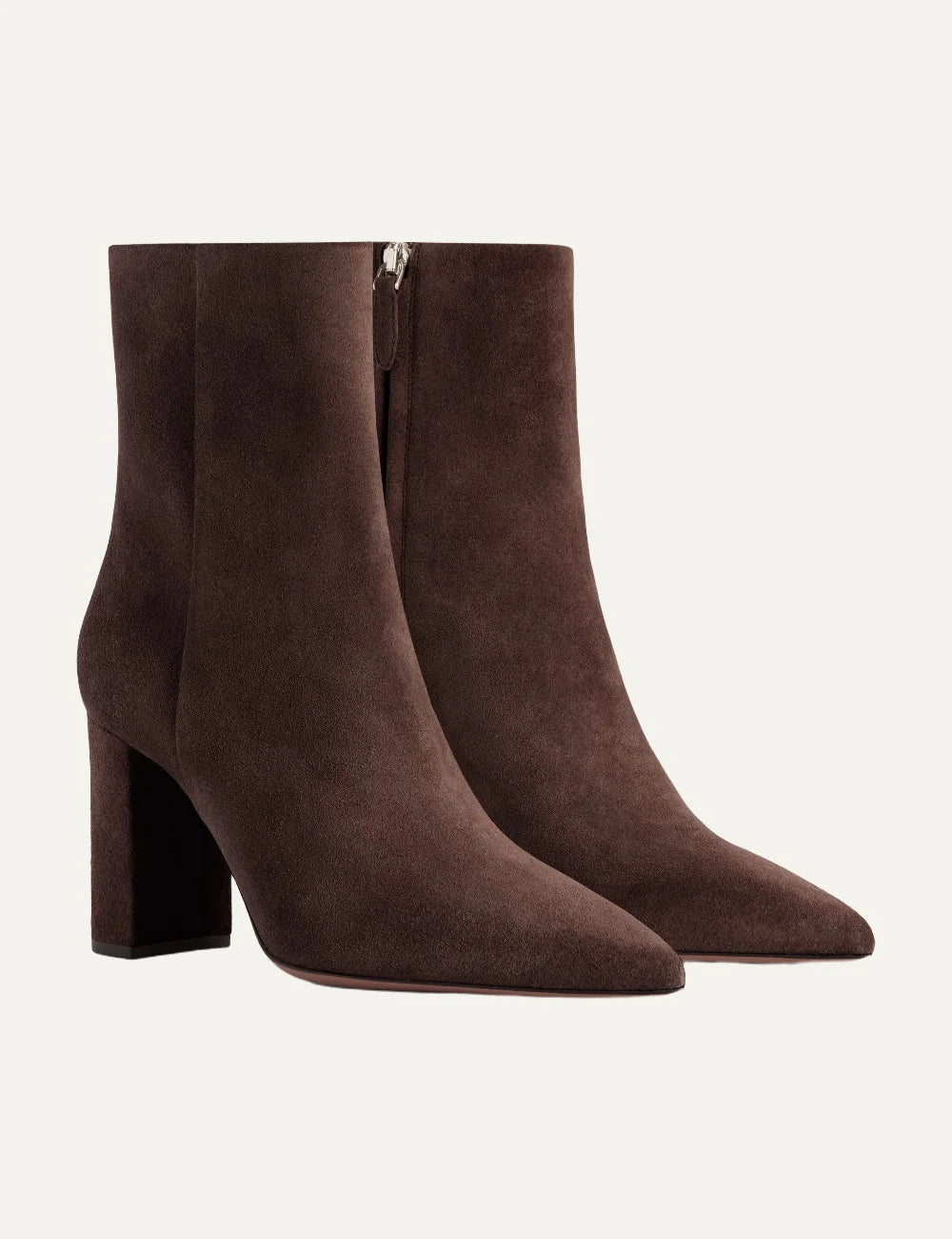 Paris Texas women chocolate brown suede ankle boots with pointed toe and block heel front angle pair view