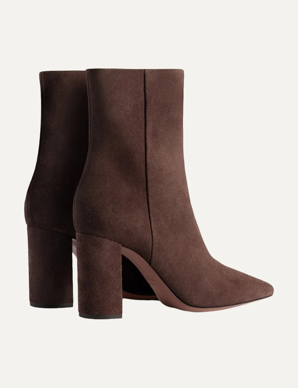 Paris Texas women chocolate brown suede ankle boots with pointed toe and block heel back view