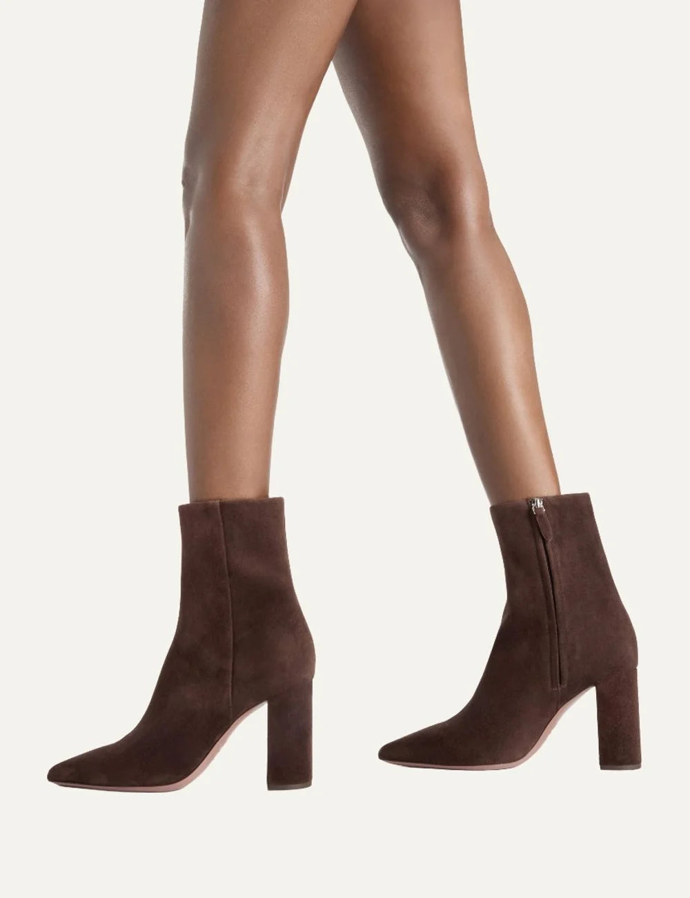 Paris Texas women chocolate brown suede ankle boots with pointed toe and block heel on model