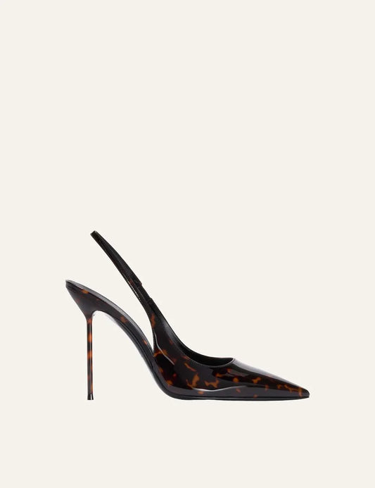 Paris Texas women Tortoise printed patent leather slingback pumps with pointed toe and stiletto heel side view