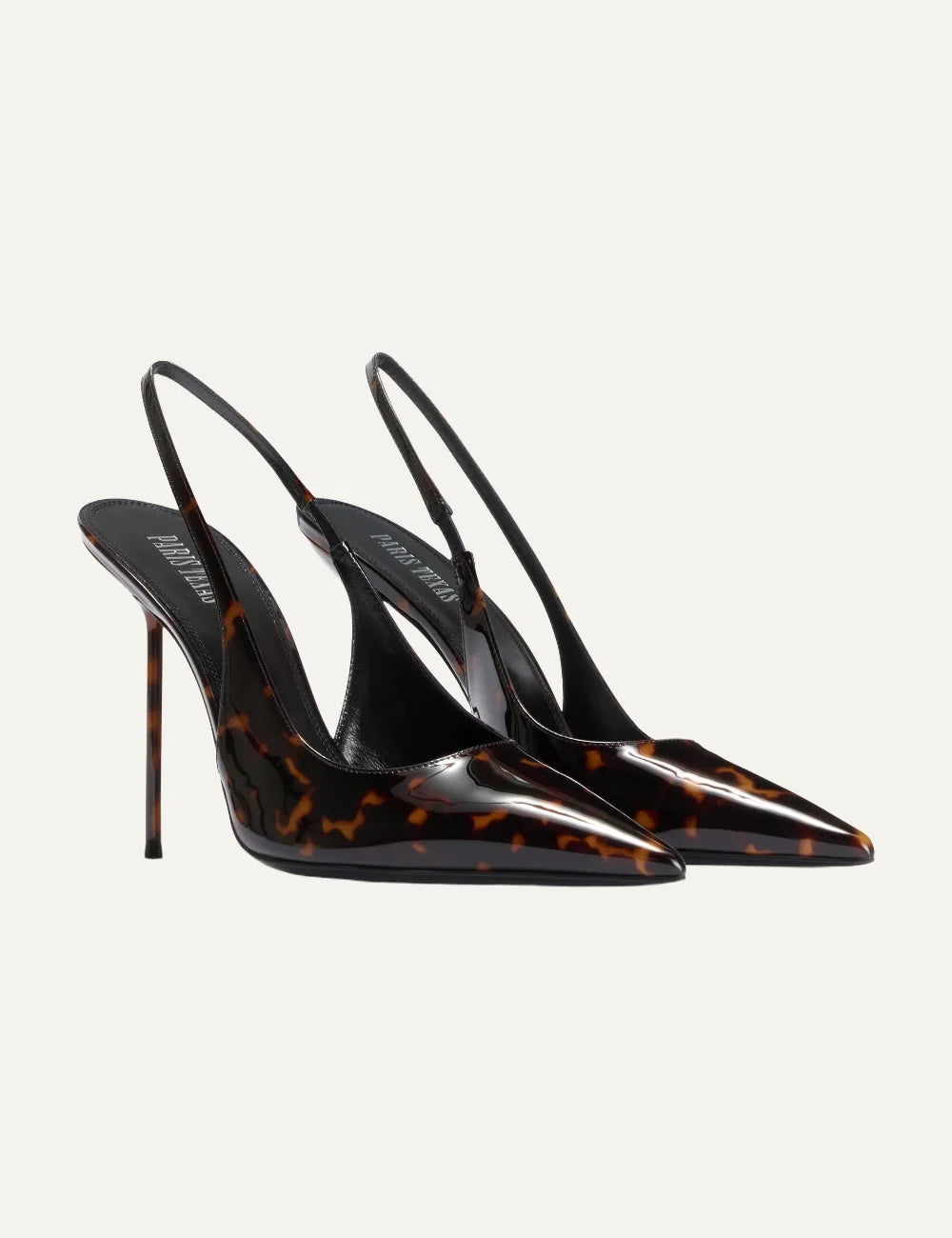 Paris Texas women Tortoise printed patent leather slingback pumps with pointed toe and stiletto heel front angle pair