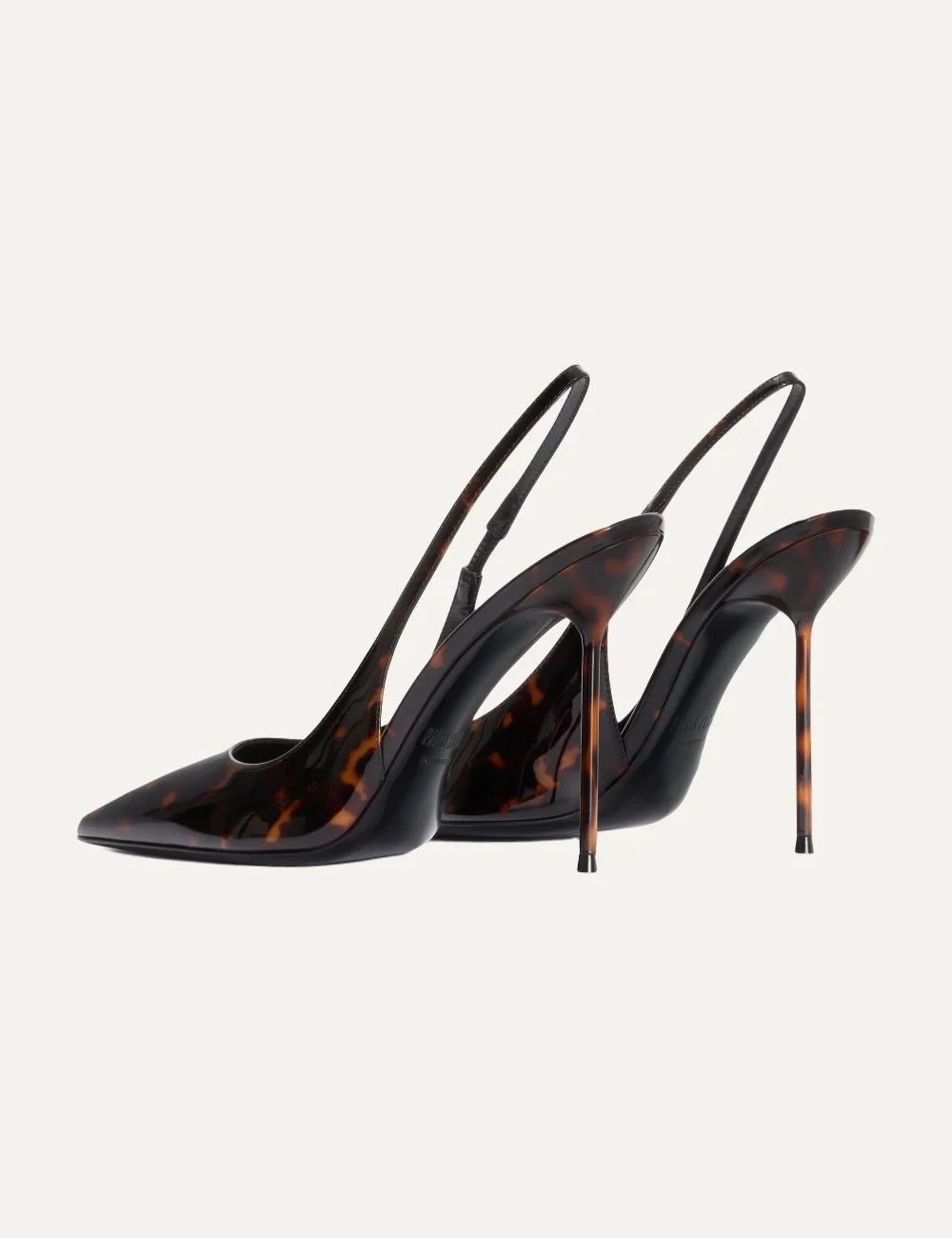 Paris Texas women Tortoise printed patent leather slingback pumps with pointed toe and stiletto heel back view heel detail