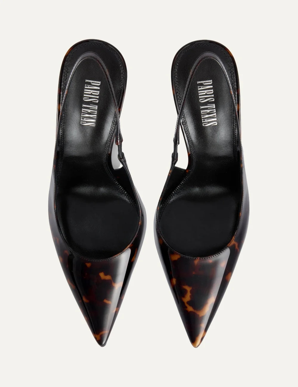 Paris Texas women Tortoise printed patent leather slingback pumps with pointed toe and stiletto heel top view