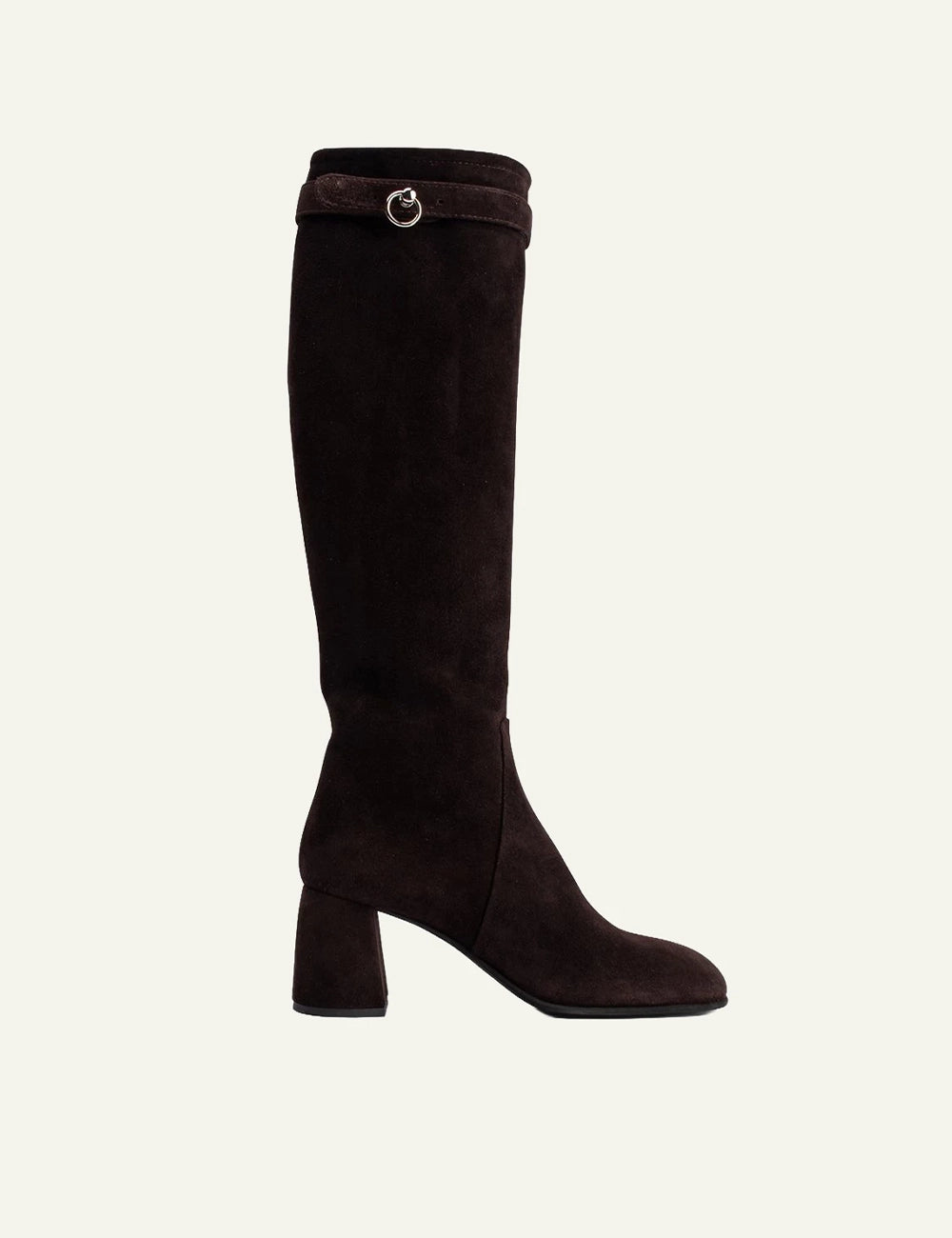 Women's POEVE dark brown suede knee-high boots with block heel