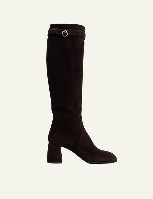 Women's POEVE dark brown suede knee-high boots with block heel