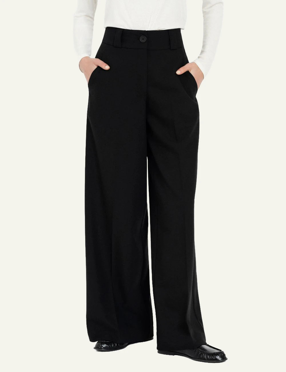 Philosophy black heavy T/R wide leg pants for women front view