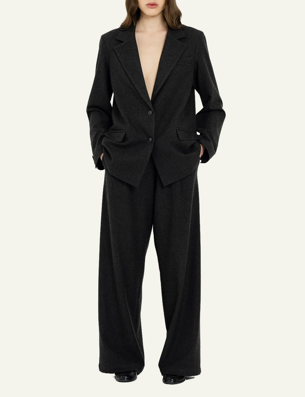 Philosophy black heavy T/R wide leg pants for women full look
