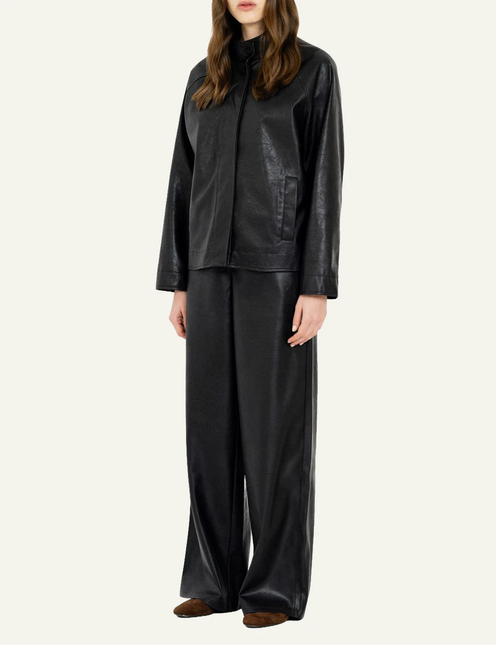Philosophy black leather wide leg pants for women full look