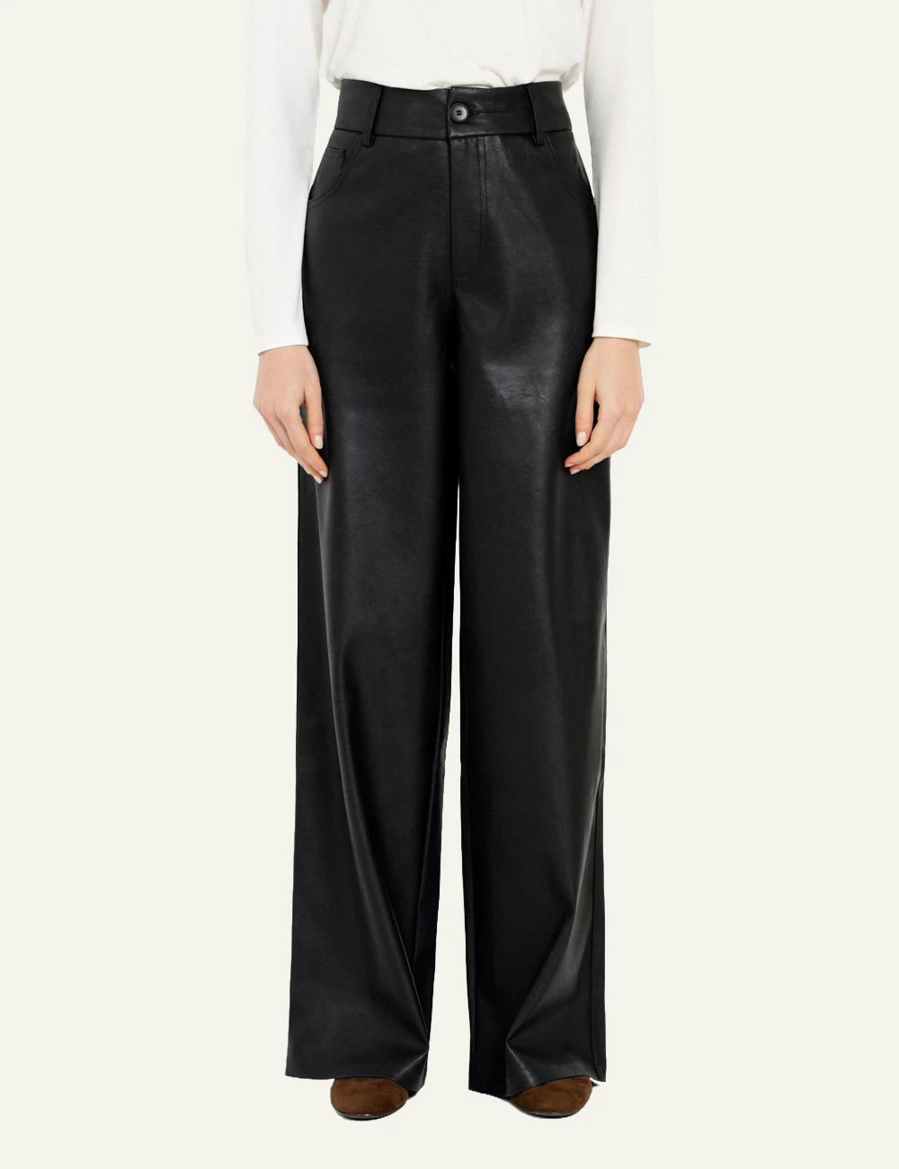Philosophy black leather wide leg pants for women front side