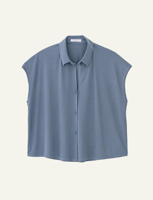 Philosophy blue ribbed sleeveless shirt button front view