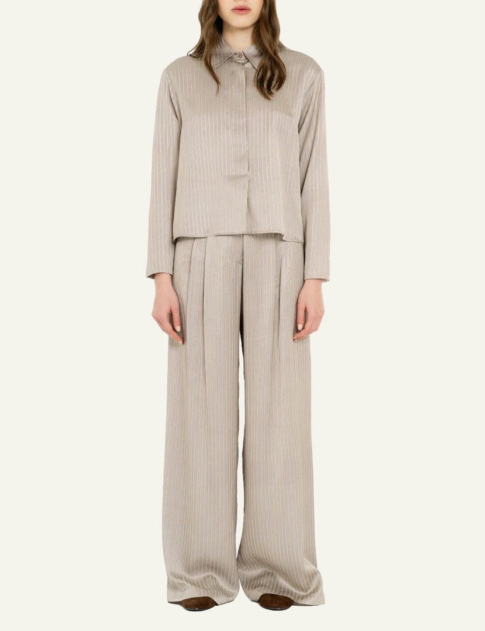 Philosophy beige striped satin wide leg pants for women full look