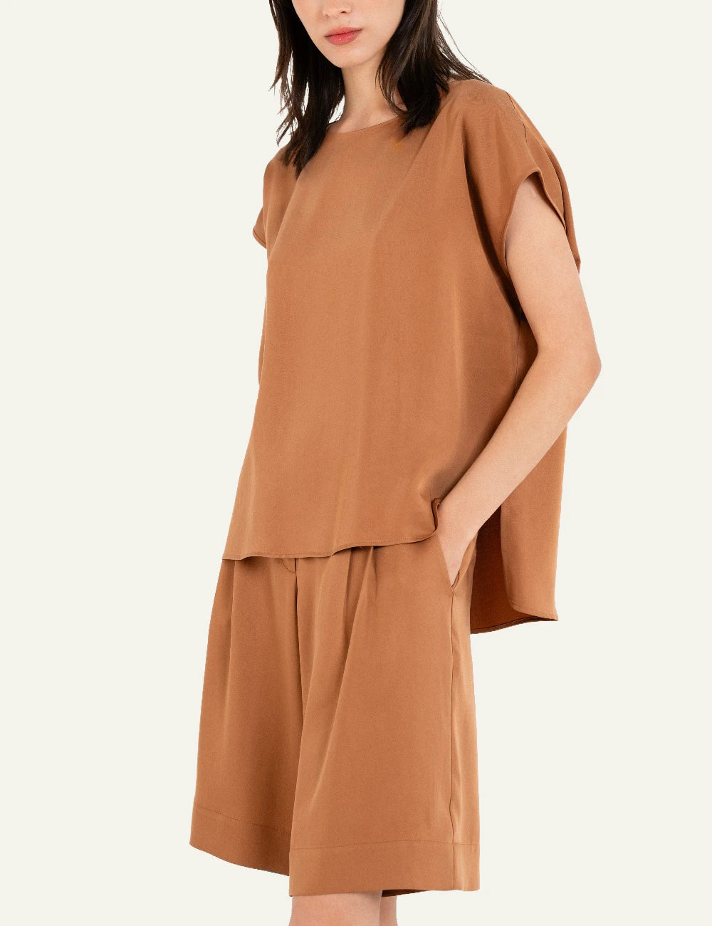 Philosophy cropped top camel sleeveless loose round neck side view
