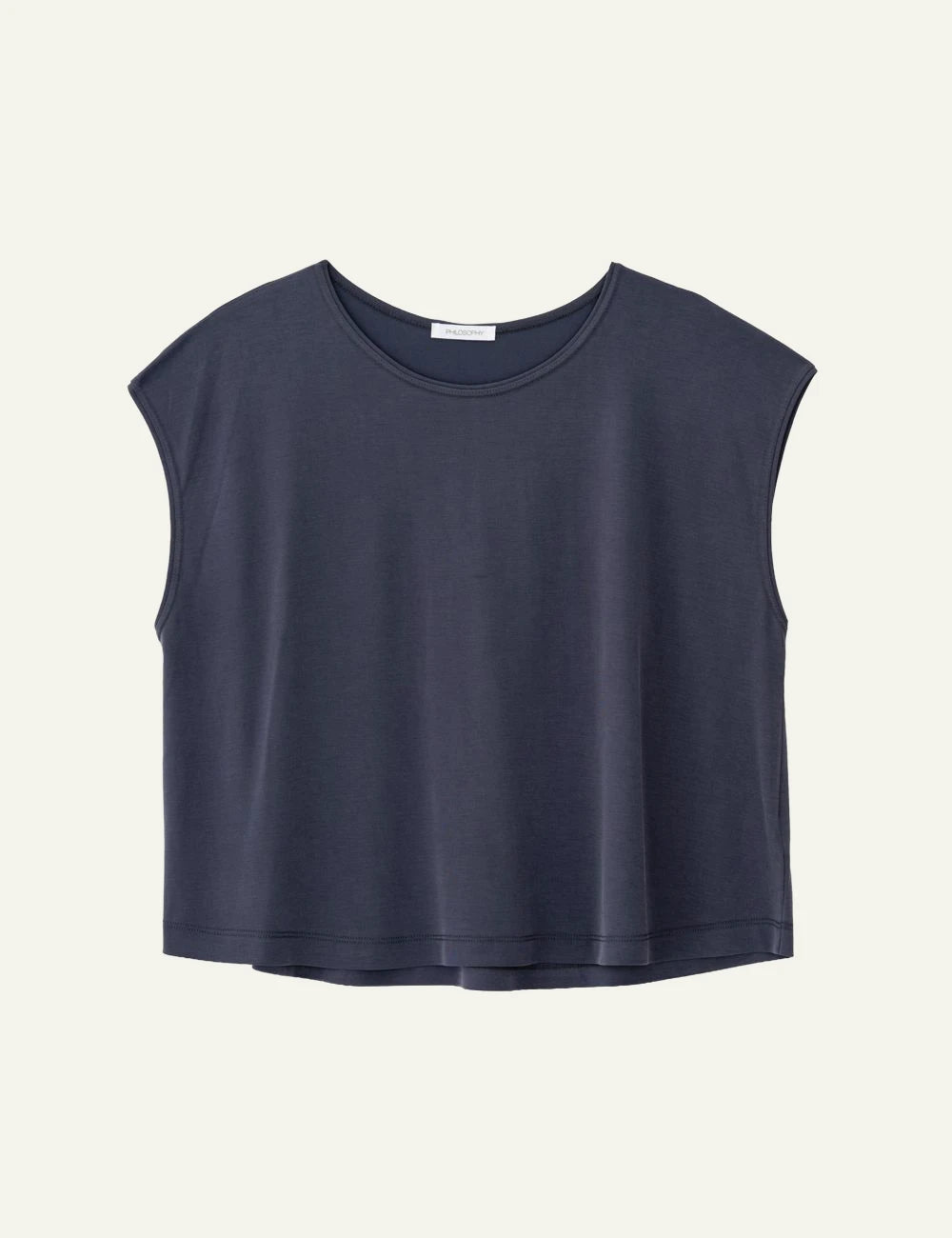 Philosophy cropped top dark blue cap sleeve relaxed fit top front flat view