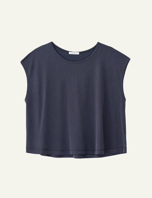 Philosophy cropped top dark blue cap sleeve relaxed fit top front flat view