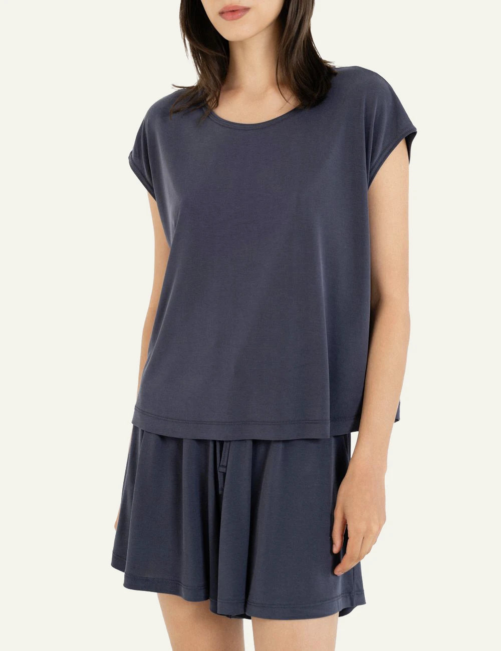 Philosophy cropped top dark blue cap sleeve relaxed fit top front model view