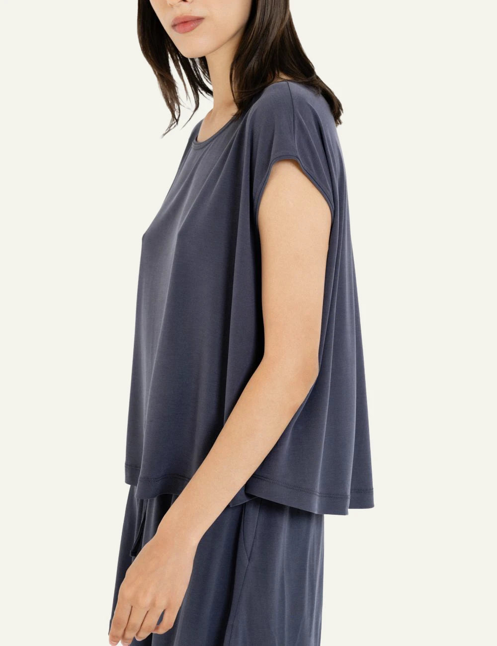 Philosophy cropped top dark blue cap sleeve relaxed fit top side view