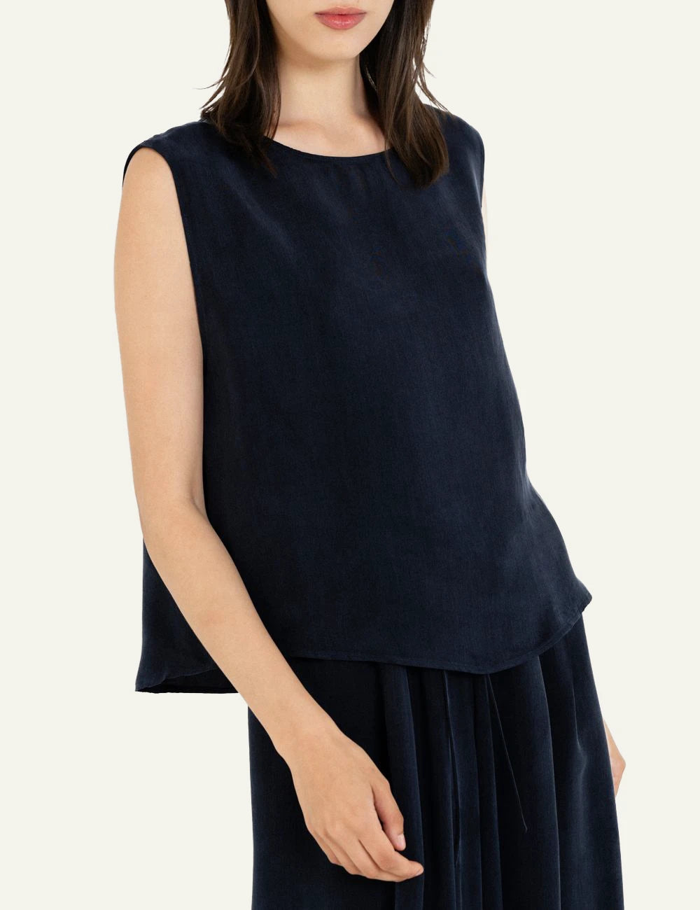 Philosophy cropped top dark blue sleeveless loose fit top front model view