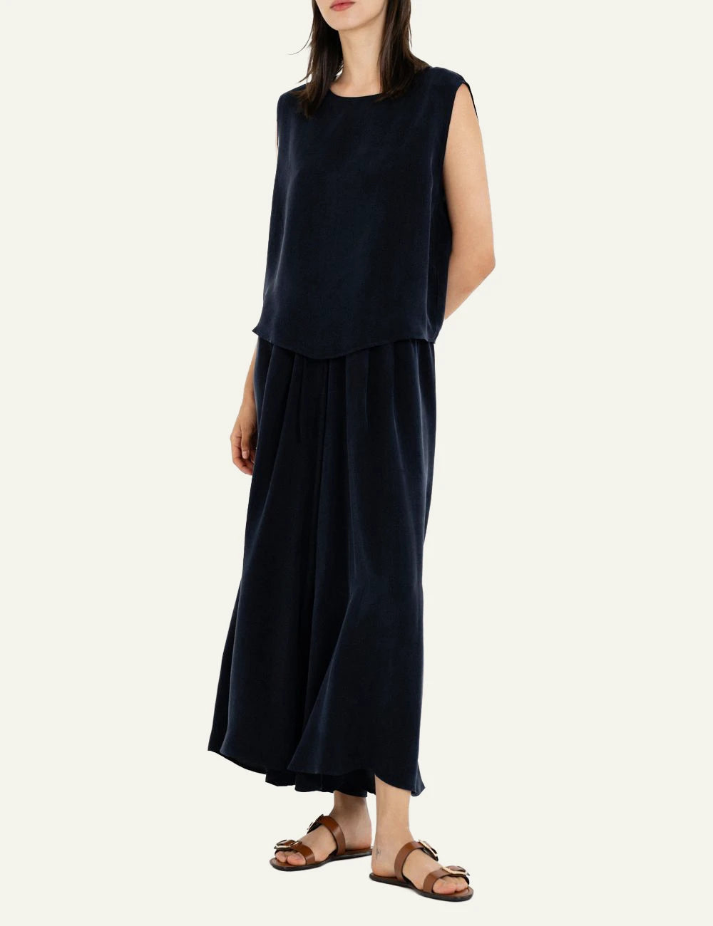 Philosophy cropped top dark blue sleeveless loose fit top front full body view