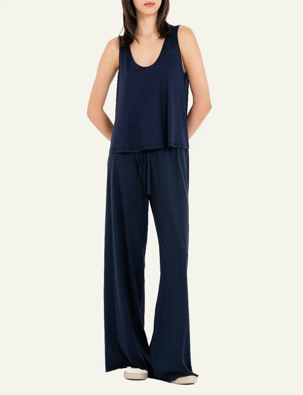 Philosophy cropped top dark blue sleeveless V neck loose front full body view