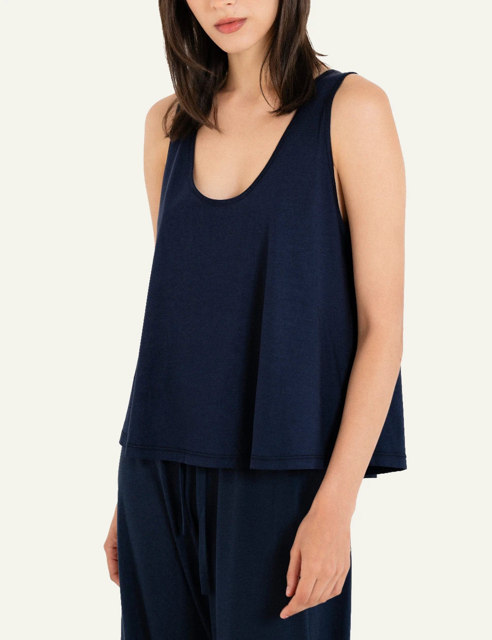 Philosophy cropped top dark blue sleeveless V neck loose front model view