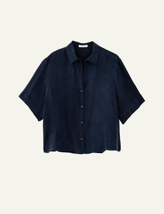 Philosophy cupro shirt dark blue short sleeve shirt front flat view