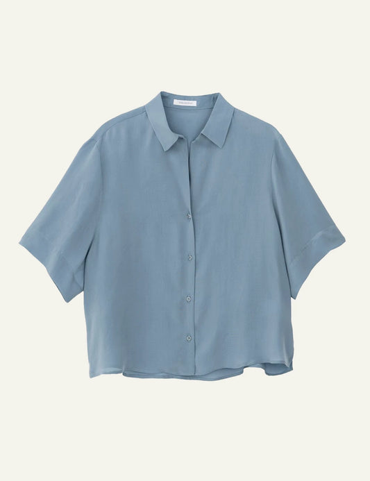 Philosophy cupro shirt dusty blue short sleeve shirt front flat view