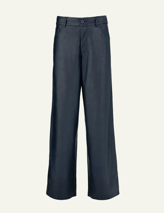 Philosophy dark blue leather wide leg pants for women front view