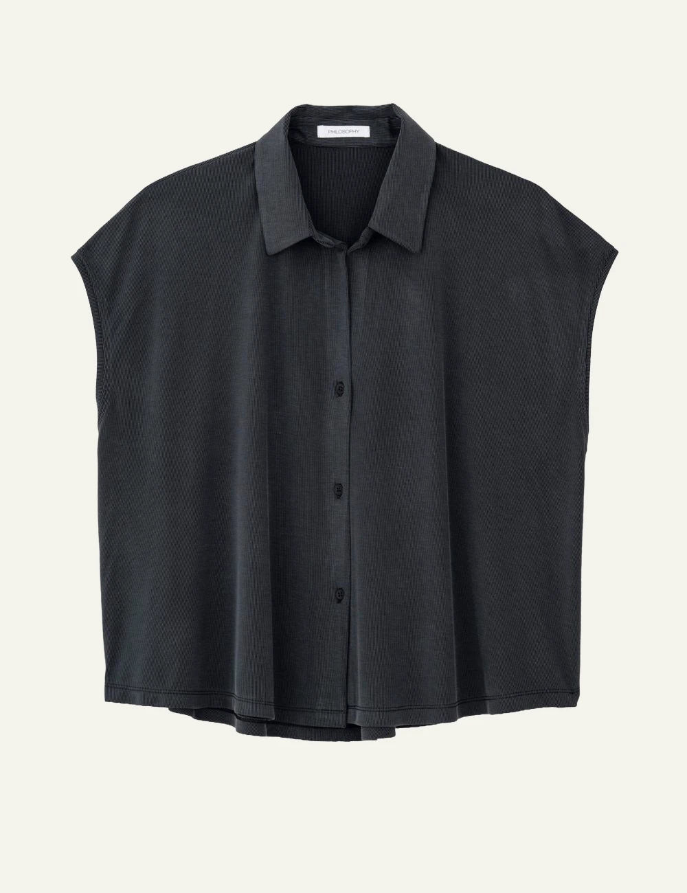 Philosophy dark grey ribbed sleeveless shirt button front view