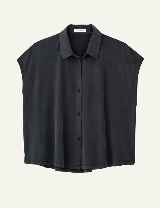 Philosophy dark grey ribbed sleeveless shirt button front view