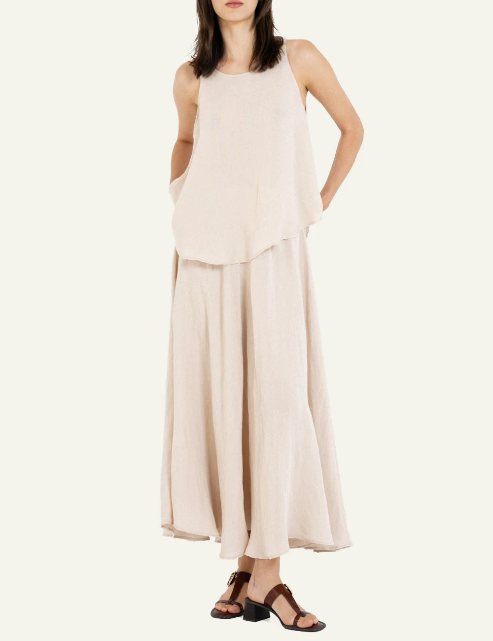 Philosophy gauze halter neck top light beige worn full look