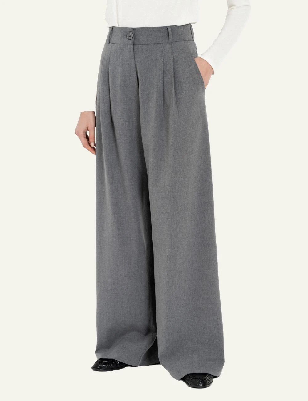 Philosophy grey light T/R pleated wide leg pants for women front view