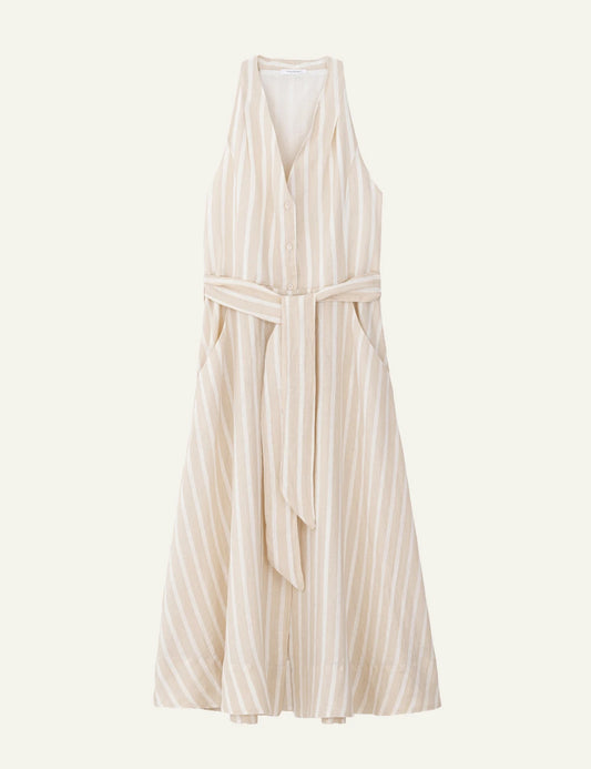 Philosophy halter neck dress beige striped maxi belted front view