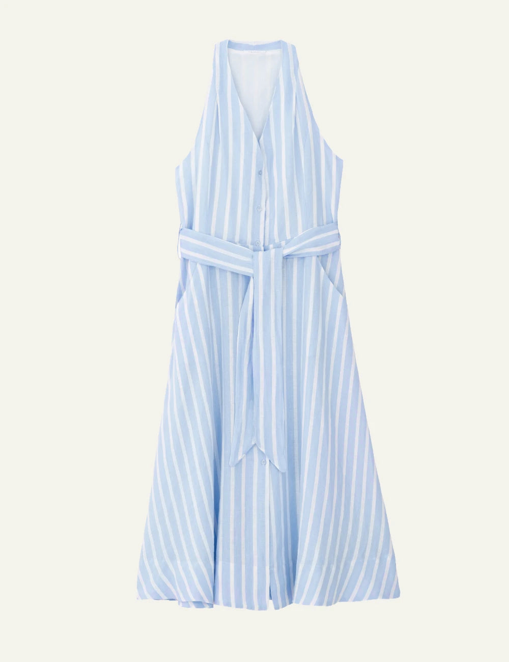 Philosophy halter neck dress ciel striped maxi belted front view